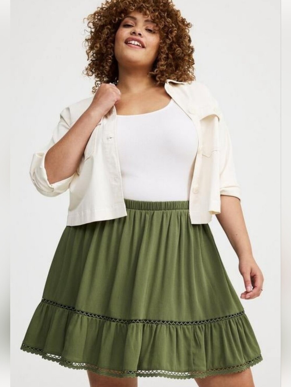 Torrid 4 Tiered Lace Trim Mini Skirt Olive Green 3092-
